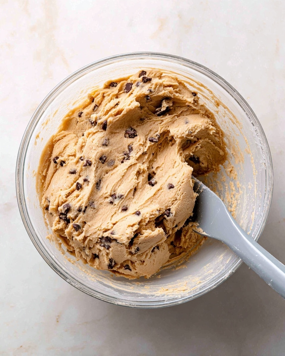 The image shows a white bowl filled with light brown cookie dough that has small dark chocolate bits mixed in. The dough fills most of the bowl, with some bits stuck to the bowl’s sides. A gray spatula is partially buried in the dough on the right side, pushing the dough against the bowl. The bowl is placed on a white marbled surface. photo taken with an iphone --ar 4:5 --v 7