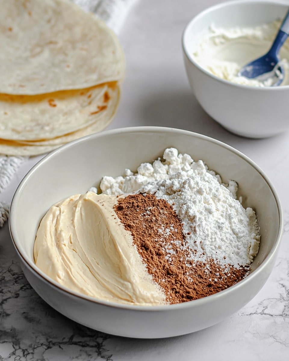 A white bowl contains three main layers of ingredients: a smooth, creamy light beige layer on the left, a powdery pure white layer on the right, and a small pile of finely textured brown powder resting partly on both layers near the center; behind the bowl is a white marbled surface with a folded white tortilla and a white bowl with a blue spoon resting inside. Photo taken with an iphone --ar 4:5 --v 7