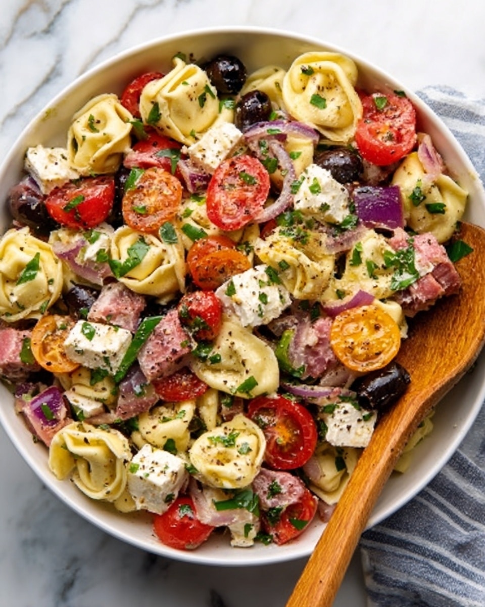 The dish features a white bowl filled with colorful tortellini pasta mixed with halved cherry tomatoes, dark sliced olives, small cubes of purple-red onions, chopped green herbs, and chunks of white feta cheese speckled with black pepper. The textures show soft pasta, juicy tomatoes, and crumbly cheese, with bright reds, greens, whites, and black olives evenly spread throughout. A wooden spoon rests on the right side inside the bowl, and the bowl sits on a white marbled surface. photo taken with an iphone --ar 4:5 --v 7