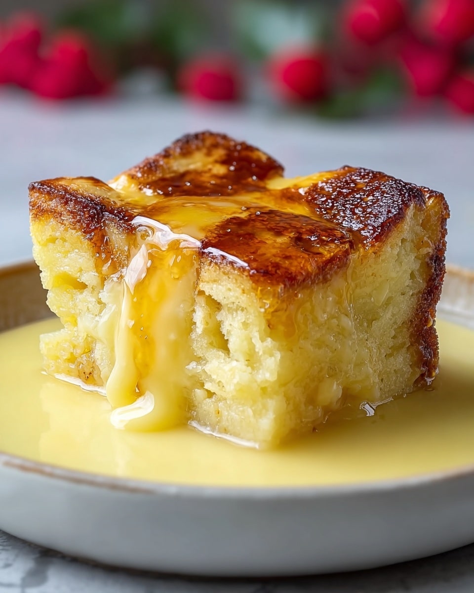 A thick square slice of bread pudding with a golden brown, slightly crispy top layer that is shiny with syrup. The middle layer is soft and yellow, showing a spongy texture with visible bread pieces inside. The pudding sits in a pool of smooth pale yellow custard sauce, which spreads thinly around the base on a white plate. The background shows a soft white marbled texture, with a faint blurred view of red berries. Photo taken with an iphone --ar 4:5 --v 7