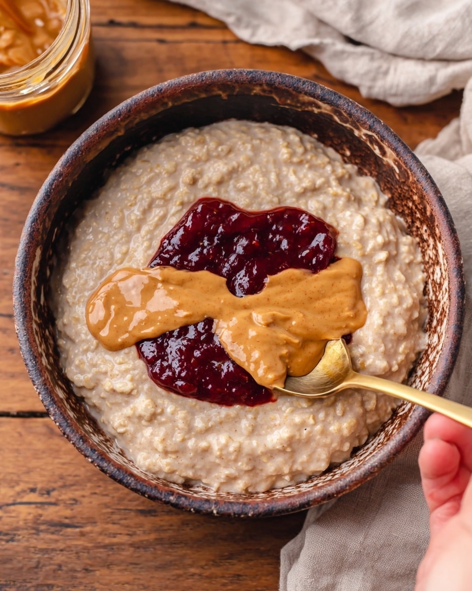 A close-up view of a metal pan filled with light brown, creamy rice pudding that has a slightly thick texture and visible grains of rice. The pudding fills the pan evenly, and a wooden spoon is resting inside the pan on the right side, partially submerged in the pudding. The pan is placed on a round wooden trivet, which sits on a white marbled surface. The overall colors are warm and natural, highlighting the smooth, cooked texture of the pudding. photo taken with an iphone --ar 4:5 --v 7
