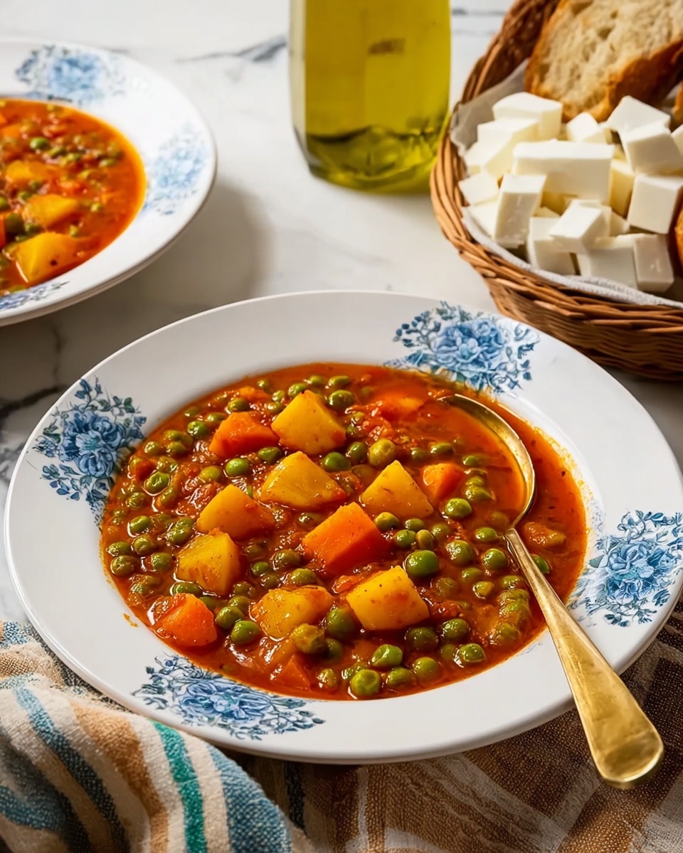A close-up view of a metal pot filled with a thick stew that has three main layers: a bright orange sauce base with a smooth, slightly chunky texture; large yellow potato pieces scattered evenly throughout the sauce; and small bright green peas spread across the top and mixed in. The pot sits on a black cooking surface, which is itself on a white marbled background. The colors are warm and vibrant, showing a fresh and hearty dish, photo taken with an iphone --ar 4:5 --v 7