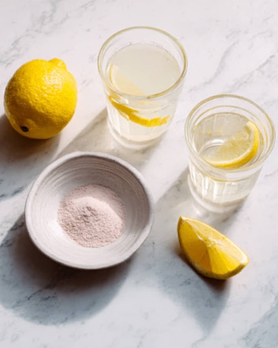 The image shows a white marble surface with a whole yellow lemon on the left side and a white bowl with a light pink powder inside near the center. Next to the bowl, there are two clear glasses filled with a pale yellow drink, one glass has a lemon wedge on its edge. To the right side, there is a lemon wedge lying on the surface. The scene is bright with soft natural light showing smooth textures and colors. photo taken with an iphone --ar 4:5 --v 7