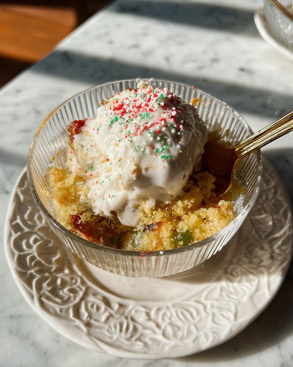 The image shows a dessert served in a clear glass bowl with ridged sides, placed on a white plate with intricate raised floral patterns. The dessert has two visible layers: the bottom layer is crumbly with a golden yellow color and bits of green and red scattered, giving it a slightly rough texture. On top, there is a thick scoop of white creamy ice cream with small red, green, and white round sprinkles scattered over it. A shiny gold spoon rests inside the bowl, partially scooping the dessert. The setting is on a white marbled surface with soft natural light casting shadows. photo taken with an iphone --ar 4:5 --v 7