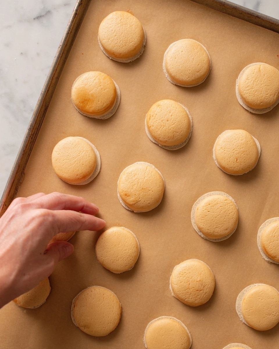 The image shows a baking tray lined with light brown parchment paper holding three rows of small, round dough pieces that are two layers thick. The bottom layer is a pale beige thin dough circle, while the top layer is a slightly smaller round dough piece with a golden-brown, slightly raised and smooth surface, placed in the center of the bottom layer. A woman's hand is gently touching one of the dough pieces near the bottom right corner. The background is a white marbled texture. photo taken with an iphone --ar 4:5 --v 7