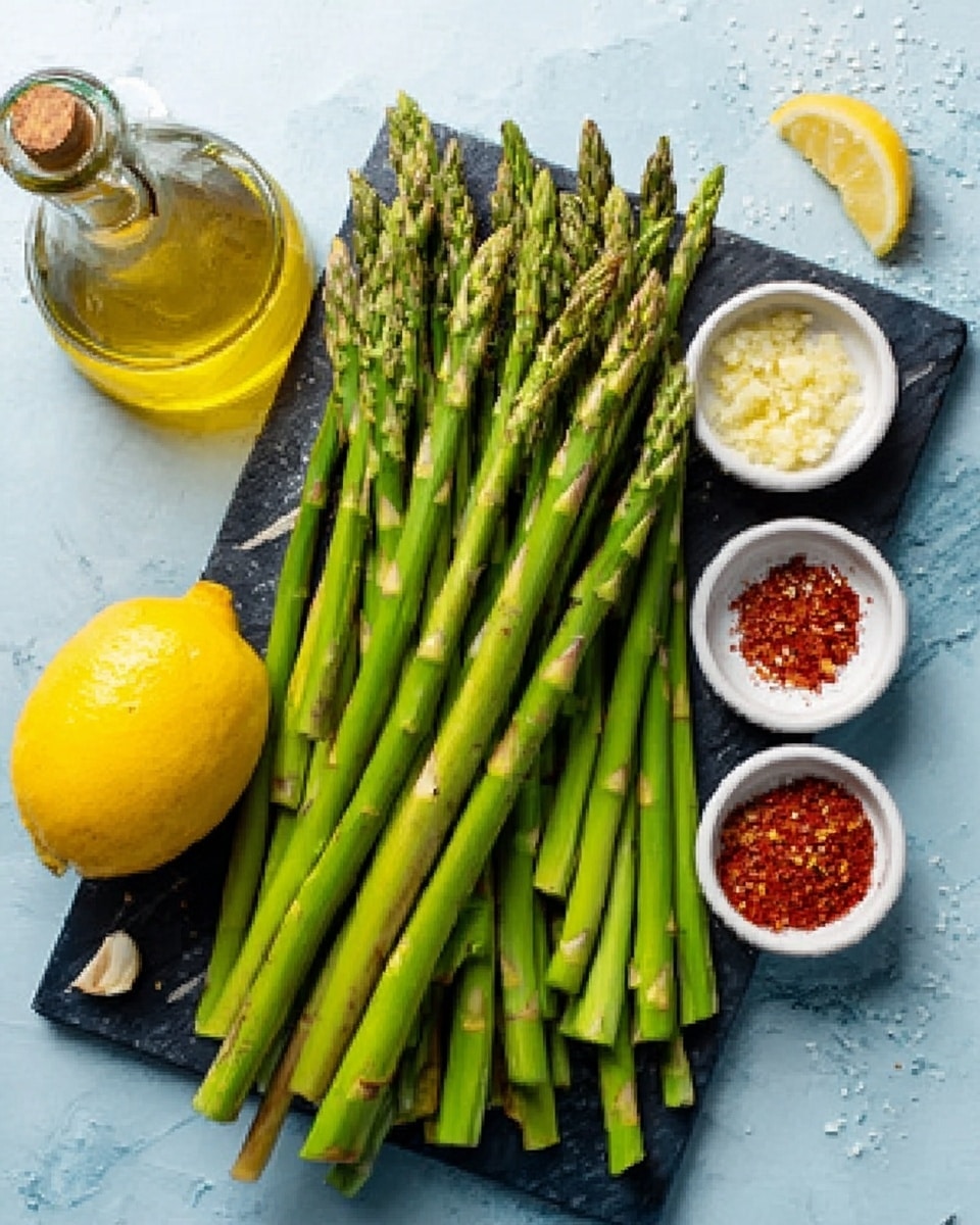 A bunch of bright green asparagus spears are spread out in the center of a dark rectangular board. To the left of the asparagus, there is a clear glass bottle filled with olive oil and a whole yellow lemon. On the right side of the asparagus, there are three small white round bowls arranged in a row. The top bowl holds minced garlic, the middle bowl contains a mix of salt and pepper, and the bottom bowl is filled with red chili powder. The background is a clean white marbled surface. Photo taken with an iphone --ar 4:5 --v 7