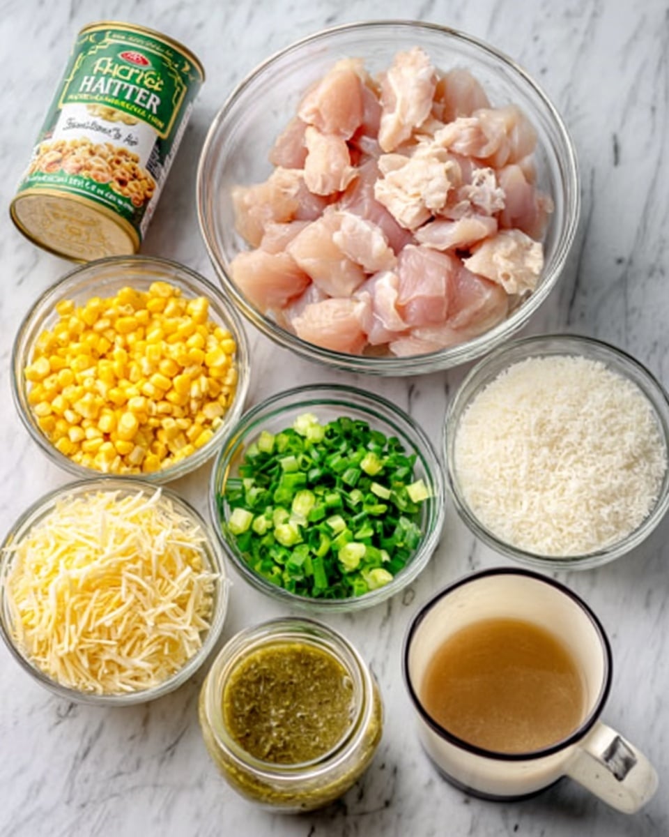 The image shows several clear glass bowls arranged neatly on a white marbled surface. In the center is a medium bowl filled with raw, pink chicken pieces. Surrounding it are smaller bowls: one filled with bright yellow corn kernels, another with shredded pale cheese, a smaller bowl of chopped green onions, and a round bowl containing white rice. There is a can of Hatch green chilies beside a jar of green-tinted salsa verde. In the foreground, there is a clear glass mug filled with a light brown liquid like broth. The colors are soft and natural, showing fresh ingredients ready for cooking. Photo taken with an iphone --ar 4:5 --v 7