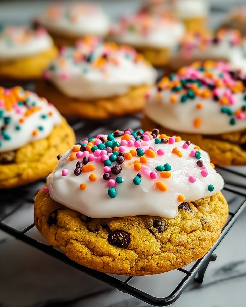 The image shows a close-up of a golden-brown cookie with small dark chocolate chips embedded within it. On top of the cookie is a thick, creamy layer of white frosting that has a smooth and slightly swirled texture. The frosting is sprinkled with small, round, colorful candy sprinkles in shades of pink, orange, yellow, teal, and dark brown. Multiple similar cookies with the same frosting and sprinkles are seen blurred in the background, all placed on a black cooling rack over a white marbled surface. The focus is sharp on the front cookie, highlighting its texture and vibrant colors. Photo taken with an iphone --ar 4:5 --v 7