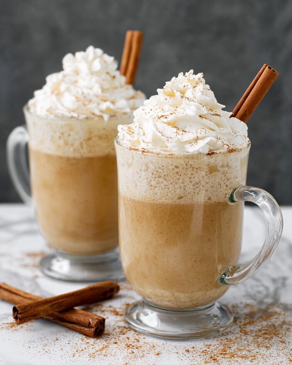 Two clear glass mugs filled with a light brown creamy drink that has a frothy layer on top. Each mug is topped with a large swirl of white whipped cream, sprinkled lightly with cinnamon powder. A cinnamon stick sticks out from the whipped cream in each mug. The mugs sit on a white marbled surface, with a few cinnamon sticks and scattered cinnamon powder around the base. The background is a simple dark gray texture. Photo taken with an iphone --ar 4:5 --v 7