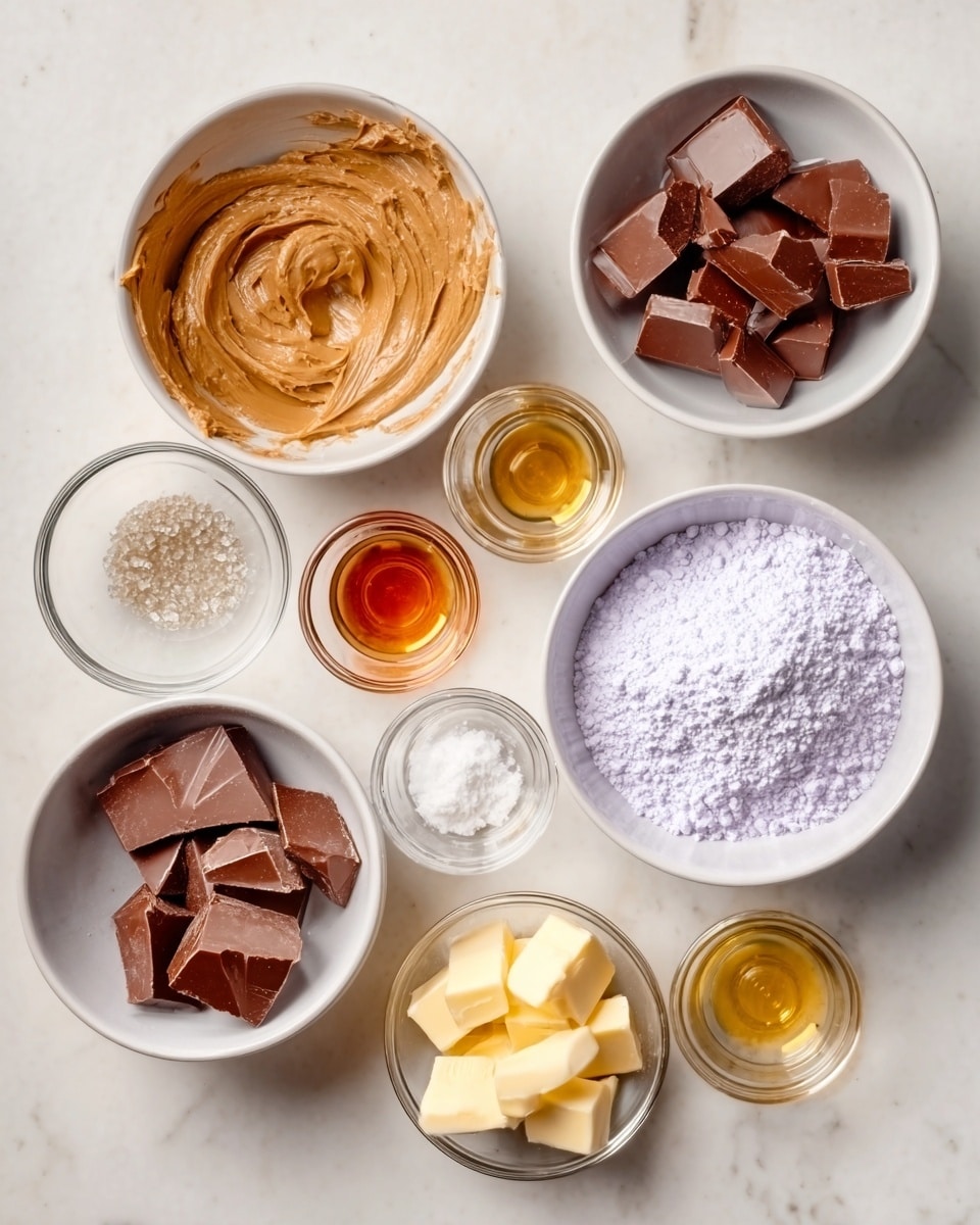 The image shows several white bowls arranged on a white marbled surface, each containing different ingredients. One bowl holds soft peanut butter, creamy and light brown in color. Two bowls contain pieces of milk chocolate, with one having a darker and the other a lighter tone. Another bowl is filled with white powdered sugar that looks fluffy. Small clear glass cups with light brown syrup, white salt, tiny white seeds, and small pieces of yellow butter are also placed around. The setup looks neat and organized, ready for baking. photo taken with an iphone --ar 4:5 --v 7