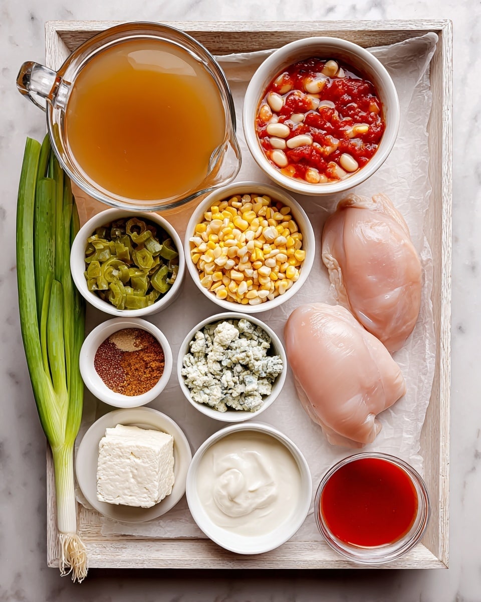A white tray holds the ingredients neatly arranged: on the bottom right, two pieces of raw light pink chicken placed on parchment; above them a clear glass measuring cup filled with light brown broth; to its left, three long green onions lying diagonally. Surrounding these are white bowls with different ingredients: top left has chopped green chilies in liquid, next to it red chunky tomato sauce, then white beans on the top right; below chilies is bright yellow corn, a small bowl of mixed brown and reddish spices below that; a bowl of white crumbly blue cheese next to the spices; a small bowl with bright red sauce below cheese; a bowl with white sour cream sits just left of the sauce; bottom left corner has a piece of white cream cheese on parchment. The tray is set on a white marbled surface. photo taken with an iphone --ar 4:5 --v 7
