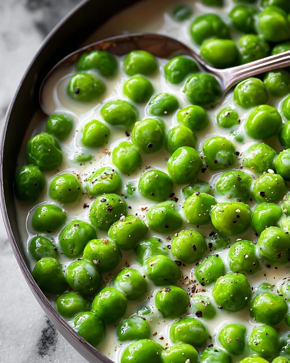 The image shows a close-up view of many bright green peas covered in a creamy white sauce. The peas are shiny and round, sitting closely together, and the sauce is thick with a smooth texture. Small black pepper specks are scattered over the peas and sauce, adding detail and contrast. A silver spoon rests at the edge of the dish, partially visible in the top right corner. The dish is placed on a surface with a white marbled texture. photo taken with an iphone --ar 4:5 --v 7