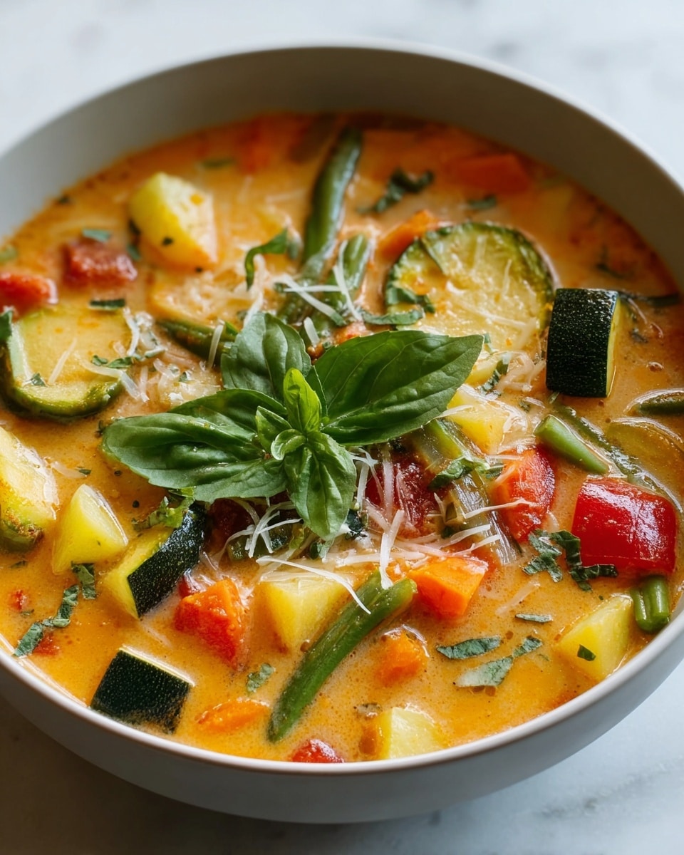 A bowl of vegetable soup with a creamy orange broth filled with layers of colorful vegetables including green zucchini slices, green beans, bright orange carrot cubes, red tomato pieces, and yellow squash chunks all mixed evenly throughout. On top, there is a small green basil leaf cluster and a light sprinkle of white shredded cheese along with tiny bits of green herbs scattered across the surface. The soup is served in a white bowl set on a white marbled surface. Photo taken with an iphone --ar 4:5 --v 7