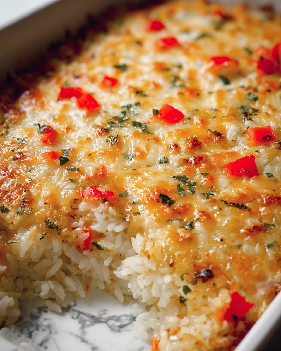 The image shows a close-up of a baked dish with a single thick layer made mostly of rice mixed evenly with melted yellow cheese, small bits of red peppers, and finely chopped green herbs all spread across the surface. The texture looks slightly crispy on top with some golden brown spots, giving a warm and inviting appearance. The dish is in a white baking pan with a white marbled background visible around the edges. The colors are mainly creamy white from the rice, yellow from cheese, bright red from pepper pieces, and dark green from herbs. Photo taken with an iphone --ar 4:5 --v 7