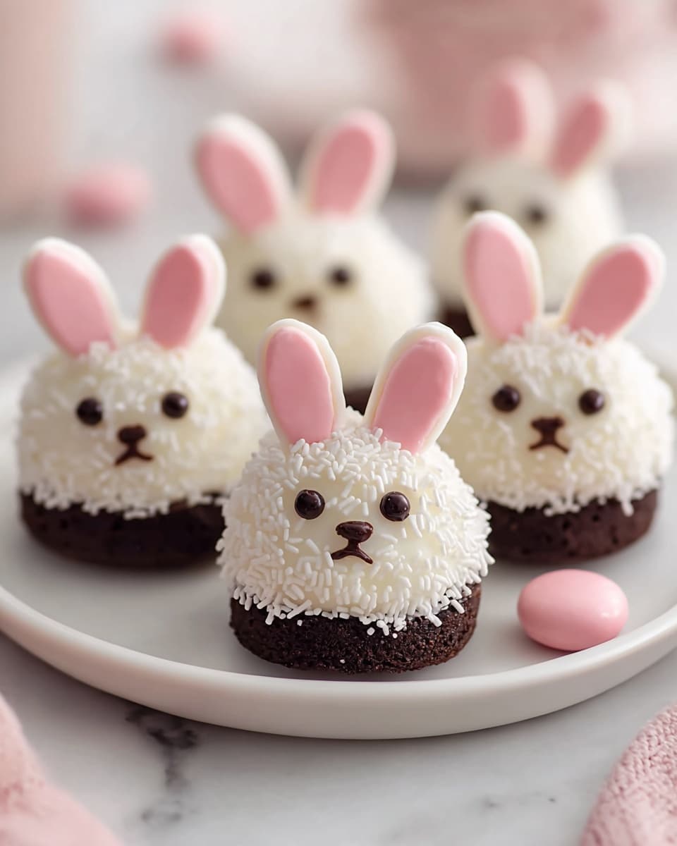 The image shows five small bunny-shaped treats arranged on a white plate placed on a white marbled surface. Each treat has three layers: the bottom layer is a dark brown round base, the middle layer is a white creamy ball covered with white sprinkles, and the top part has two pink candy ears inserted at the top. The white ball also features two round dark eyes made of chocolate and a simple small mouth drawn with dark chocolate. One of the treats has a small round pink candy in front of it on the plate. The background is softly blurred with light pink tones. Photo taken with an iphone --ar 4:5 --v 7