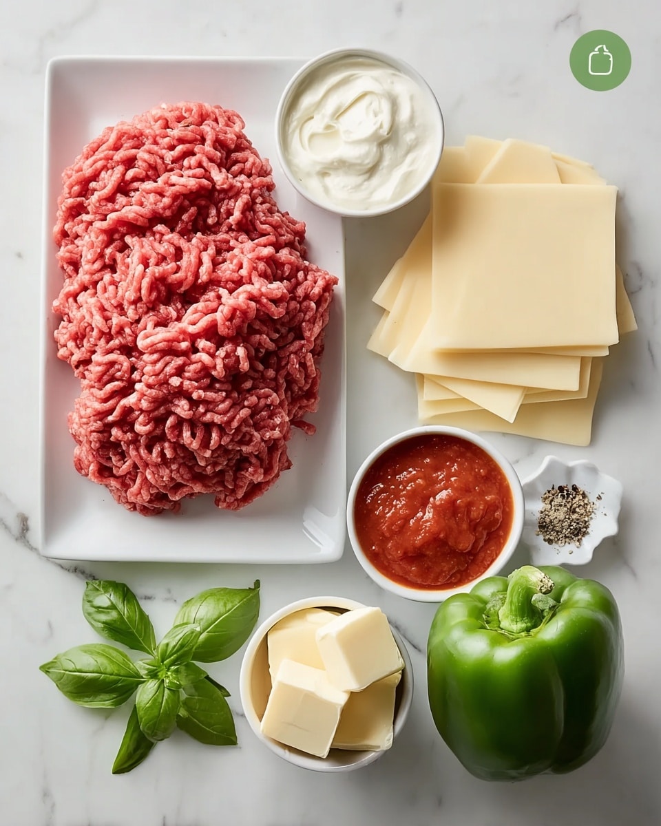 The image shows ingredients arranged neatly on a white marbled surface. There is a rectangular white plate on the left side with a large mound of raw ground meat, bright pink with visible texture. Near it, there are three small white bowls; one holds smooth white cream, another filled with chunky red tomato sauce, and the last with pale yellow salt and a few black peppercorns beside it. A stack of pale yellow sliced cheese is placed on the right side, next to a small bowl holding four square pieces of butter, cream-colored with smooth surface. In front of the cheese is a fresh bright green bell pepper with a few green basil leaves nearby. The layout is clean and well-organized, showing fresh and colorful cooking ingredients. photo taken with an iphone --ar 4:5 --v 7