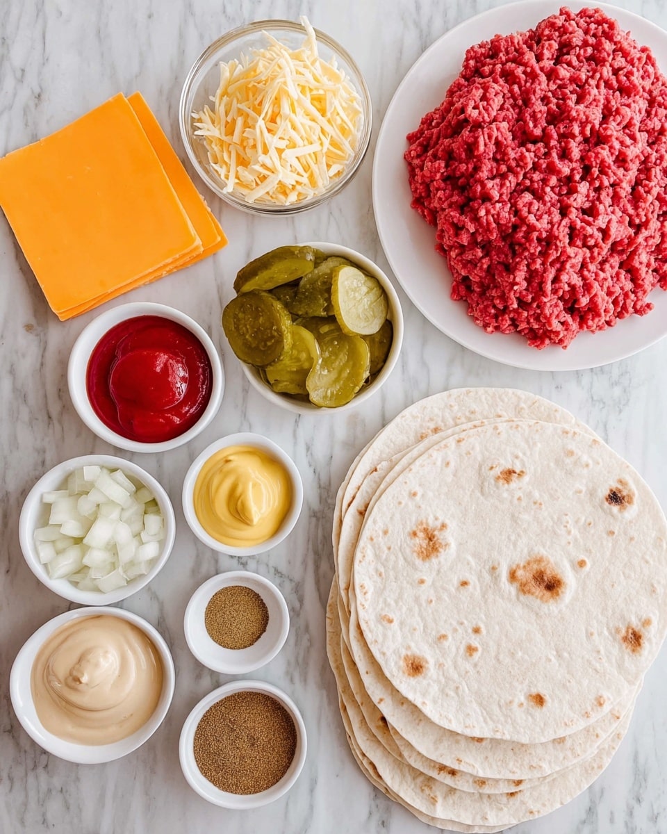 The image shows several cooking ingredients neatly arranged on a white marbled surface. There are four soft flour tortillas stacked on the bottom right, looking pale with small brown spots. Above the tortillas, two orange slices of cheese lie flat. To the top right, a white plate holds a large pile of raw ground beef that is bright red, soft and stringy. Surrounding these main items are small white bowls with other ingredients: shredded yellow and white cheese, chopped white onions, sliced green pickles, ketchup, creamy light tan sauce, bright yellow mustard, sweet relish, and three small portions of spices in different shades of brown. All items are cleanly placed and look fresh, with no woman’s hand visible. Photo taken with an iphone --ar 4:5 --v 7