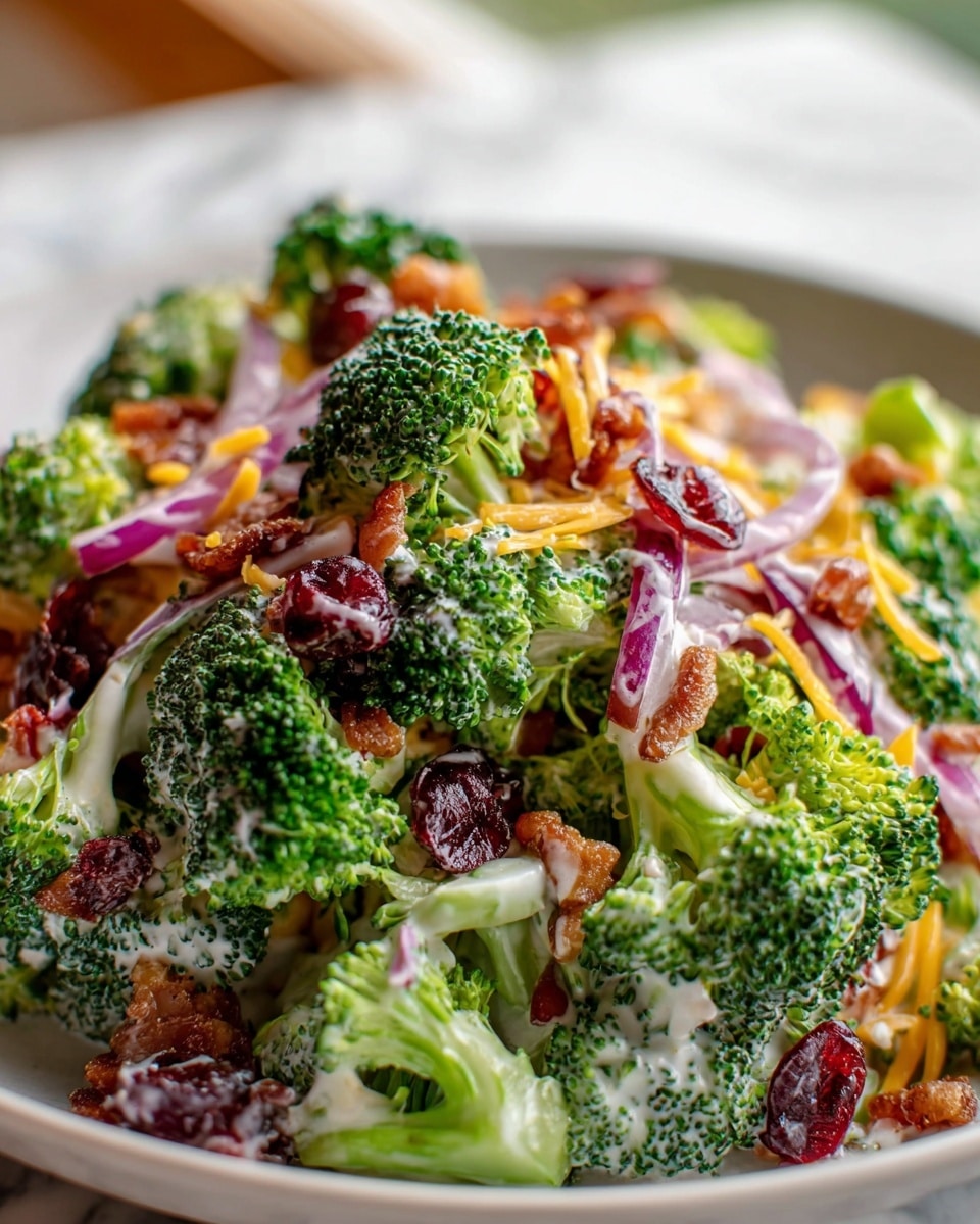 This image shows a close-up of a broccoli salad served in a white bowl on a white marbled surface. The salad has many layers, starting with bright green broccoli florets that form the main base. Mixed among the broccoli are small pieces of crispy bacon in brown-red shades, scattered thin slices of purple-red onions, and dried red cranberries adding deep red color. Shredded yellow cheddar cheese is spread across the salad, adding a soft texture and warm color. The salad is lightly coated with a creamy dressing that has a white color with small herb flecks. The details show fresh and crunchy textures from the broccoli and bacon with the softness of cheese and dressing photo taken with an iphone --ar 4:5 --v 7
