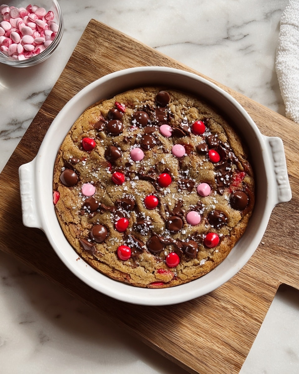 A round baked cookie with a golden brown crust is in a white ceramic dish with small handles on each side. The cookie is topped with melted dark chocolate spots, pink and red candy-coated chocolates scattered evenly, and large flakes of sea salt sprinkled over the surface. The dish sits on a wooden board, and the background is a white marbled texture. Photo taken with an iphone --ar 4:5 --v 7