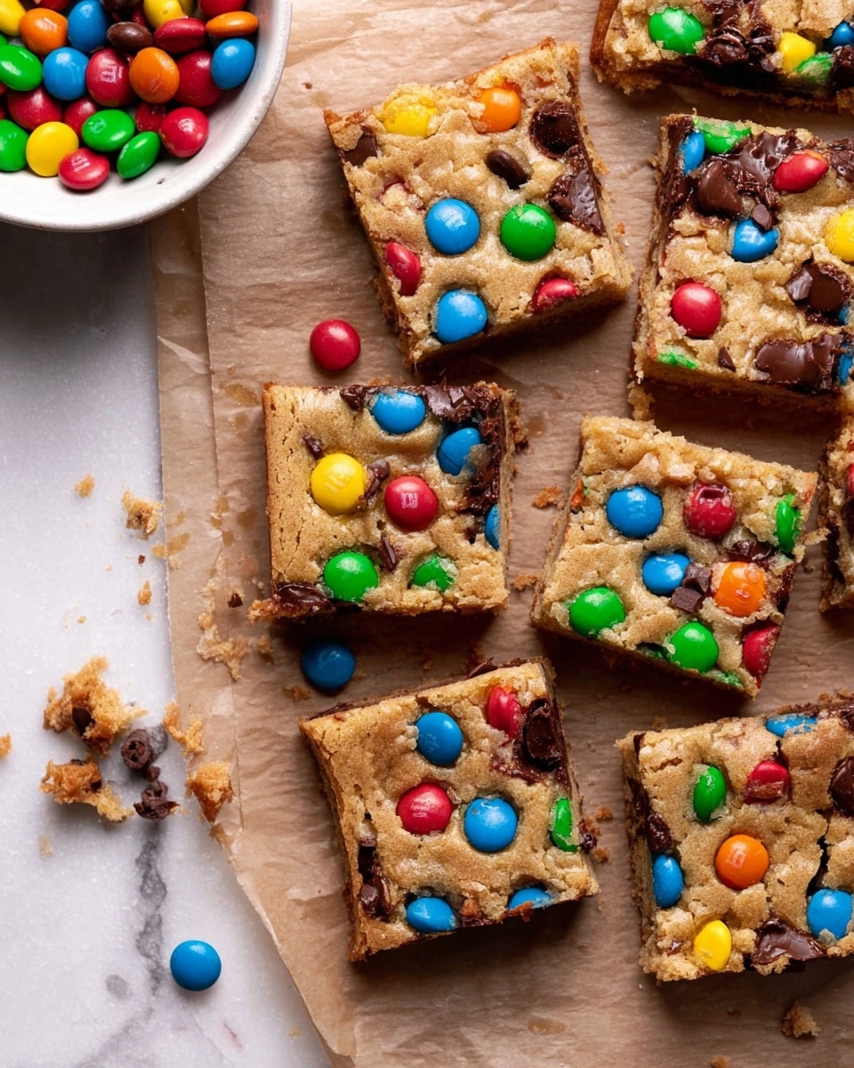 There are several square cookie bars placed closely together on a piece of brown parchment paper on a white marbled surface. Each cookie bar has a golden-brown base with a soft texture, and the top layer is covered with colorful candy-coated chocolates in red, blue, green, yellow, and orange, along with melted dark chocolate chips. Some candies are whole, while others are slightly cracked, showing the chocolate inside. There are a few crumbs and scattered candies around the bars, and in the top left corner, a white bowl filled with more colorful candies is partially visible. Photo taken with an iphone --ar 4:5 --v 7