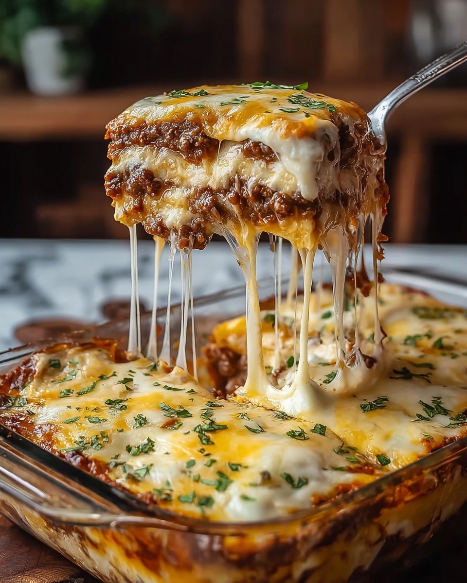 A clear glass baking dish filled with four thick, even layers of baked lasagna is shown; the bottom layer is creamy white sauce, followed by a rich dark brown meat sauce, topped with melted white cheese, and finally a layer of bright golden-yellow melted cheese with small green herbs sprinkled on top. A silver serving fork lifts one square piece, stretching gooey white melted cheese strings from the dish. The background is softly blurred with warm tones, and the dish is set on a dark wooden surface replaced by a white marbled texture. photo taken with an iphone --ar 4:5 --v 7