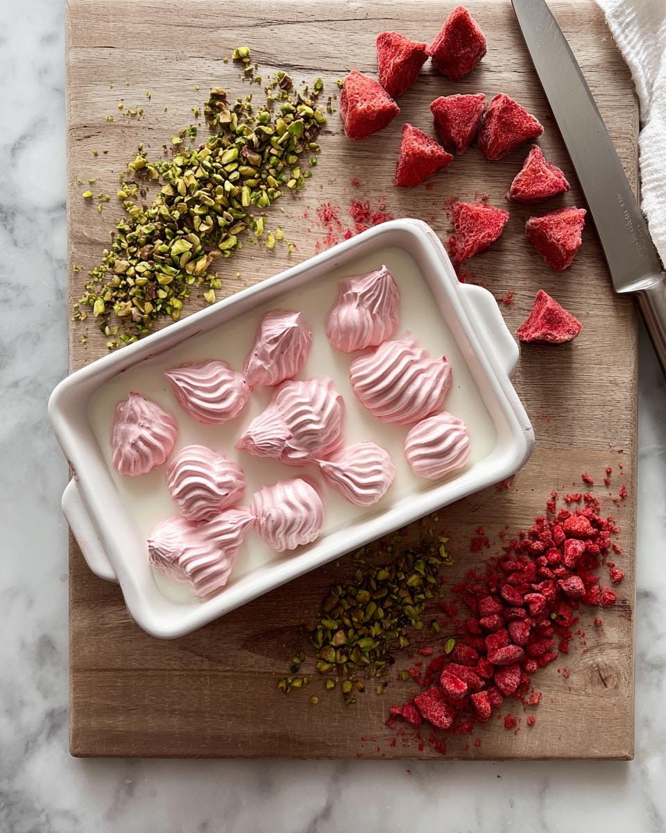 The image shows a white rectangular dish filled with a smooth white base layer, topped with eight swirled pink meringue dollops arranged in two rows. Next to the dish is a wooden board with scattered chopped green pistachios in the center, crushed bright red freeze-dried strawberries on the right, and large whole freeze-dried strawberry pieces on the top left. A knife rests on the top right side of the board, and the whole scene sits on a white marbled surface. photo taken with an iphone --ar 4:5 --v 7