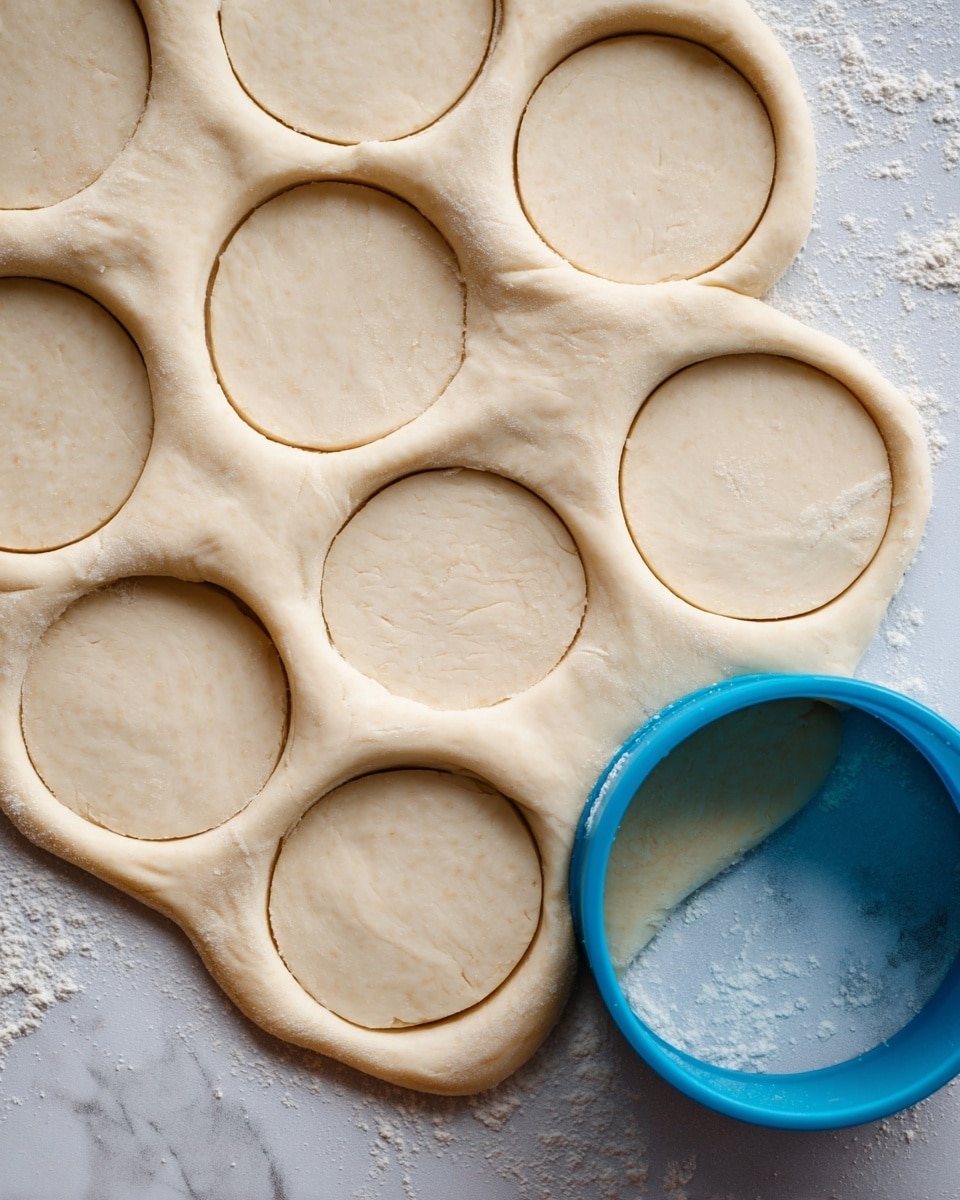 The image shows raw dough rolled out flat on a white marbled surface with seven round shapes cut out evenly across it. Each round dough piece has a smooth light beige color and a soft, slightly puffy texture. The dough circles are surrounded by the thin leftover dough sheet with smooth and slightly wrinkled edges. A bright blue round cutter lies on the right side, partially overlapping the dough and surface. The surrounding area has light dusting of flour giving a soft matte look. photo taken with an iphone --ar 4:5 --v 7