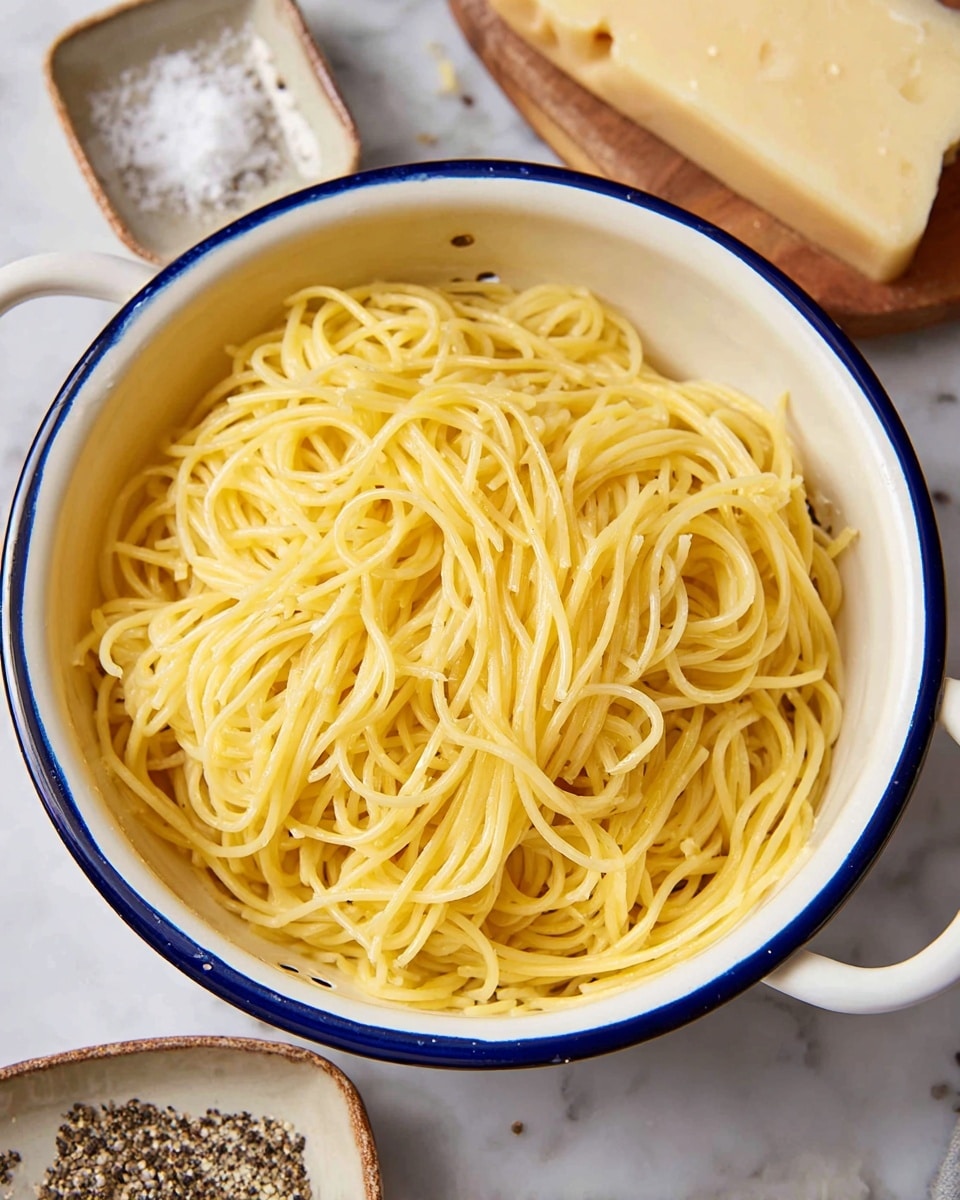A white colander with a blue rim is filled with cooked yellow spaghetti noodles, showing a smooth and slightly shiny texture, the strands loosely piled together filling the colander. Behind the colander, there is a small square dish with coarse salt and black pepper, and a wedge of pale yellow cheese sits next to the colander on a white marbled surface. The overall scene shows a simple and clean kitchen setup focused on the fresh pasta. Photo taken with an iphone --ar 4:5 --v 7