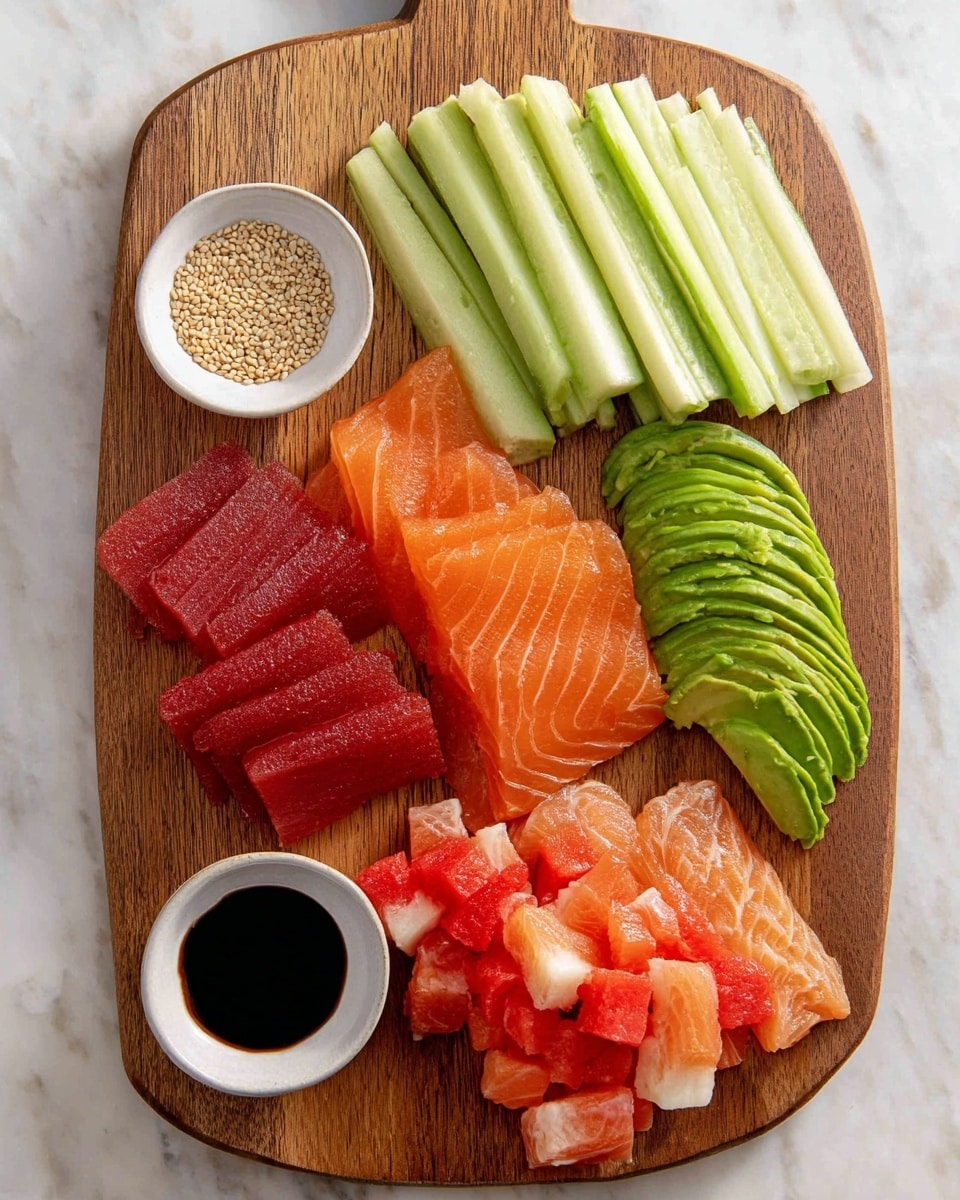 A wooden cutting board on a white marbled surface holds five neatly arranged layers of ingredients: at the top, pale green cucumber sticks, thin and crisp; to the right, bright orange salmon slices with visible white lines of fat, arranged in a stack; below the salmon, smooth, thin slices of green avocado slightly fanned out; to the left, vibrant red and white crab sticks stacked beside deep red tuna slices aligned next to the cucumber. Small white bowls with black soy sauce and beige sesame seeds are placed nearby. Photo taken with an iphone --ar 4:5 --v 7