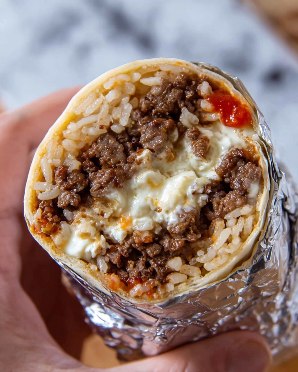 A close-up image of a burrito held by a woman's hand, showing four visible layers inside. The outer layer is a soft, pale beige tortilla wrapped in shiny silver foil. Inside, the first layer is a light brown cooked rice that lines the tortilla. The second layer consists of dark brown, cooked ground meat with a crumbly texture. The third layer is creamy white cheese that looks smooth and soft, slightly melting into the meat. The fourth layer is bright red salsa adding a splash of color near the cheese. The background is a white marbled texture. Photo taken with an iphone --ar 4:5 --v 7