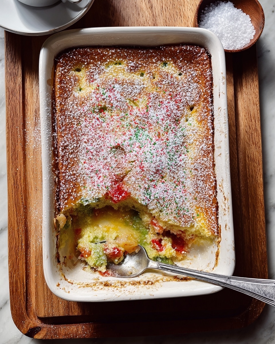 A white rectangular baking dish with slightly raised edges holds a baked colorful dessert with a golden brown crust on top. The dessert has a rough, slightly cracked surface dusted with powdered sugar and scattered red, green, and white sprinkles. Part of the dessert is scooped out, showing a moist, pudding-like bright yellow and green interior with hints of red inside. A silver spoon lies inside the dish, eaten portion on it. The dish is set on a wooden board, with a small round bowl of coarse salt in the upper right corner, and part of a white cup and saucer visible in the upper left corner, all placed on a white marbled surface. Photo taken with an iphone --ar 4:5 --v 7