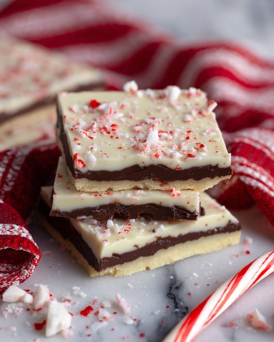 The image shows square layered peppermint bark pieces stacked on a white marbled surface. Each piece has three layers: a light golden crispy bottom layer, a smooth dark brown chocolate middle layer, and a thick top layer of white chocolate sprinkled with small red and white peppermint bits. The bark pieces rest on a red and white striped cloth, with some broken peppermint pieces scattered around. A white and red twisted candy cane is on the right side, and the background is slightly blurred. photo taken with an iphone --ar 4:5 --v 7
