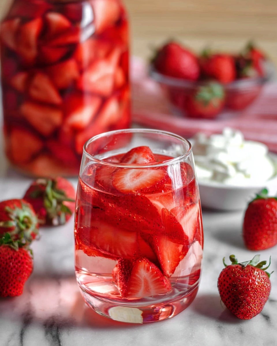 A clear glass is filled almost to the top with a light red liquid and several large slices of bright red strawberries that float inside. Around the glass on the white marbled surface are whole red strawberries with green leaves. In the background, there is a large clear jar filled with more sliced strawberries in liquid, and a small white bowl filled with whipped cream. The colors are mainly shades of red and white, with the strawberries showing shiny, textured surfaces and the liquid being clear but tinted light red. photo taken with an iphone --ar 4:5 --v 7