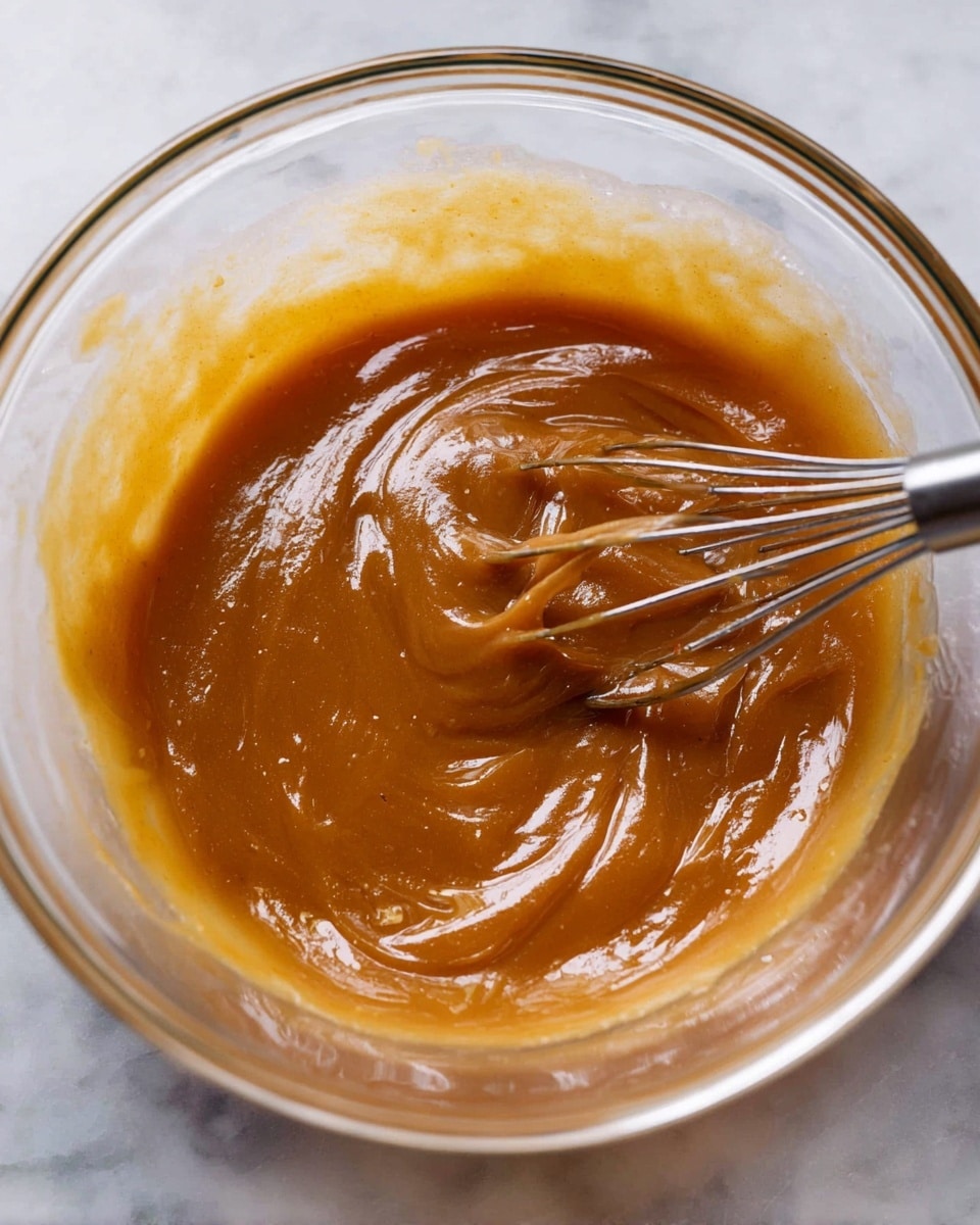 A clear glass mixing bowl on a white marbled surface contains a thick, smooth, shiny caramel-brown mixture. A metal mixer whisk is partially submerged in the mixture, showing slight swirls and different shades of brown and amber within the glossy texture. The bowl's rim is visible, and the scene is close-up and focused on the mixture inside. Photo taken with an iphone --ar 4:5 --v 7