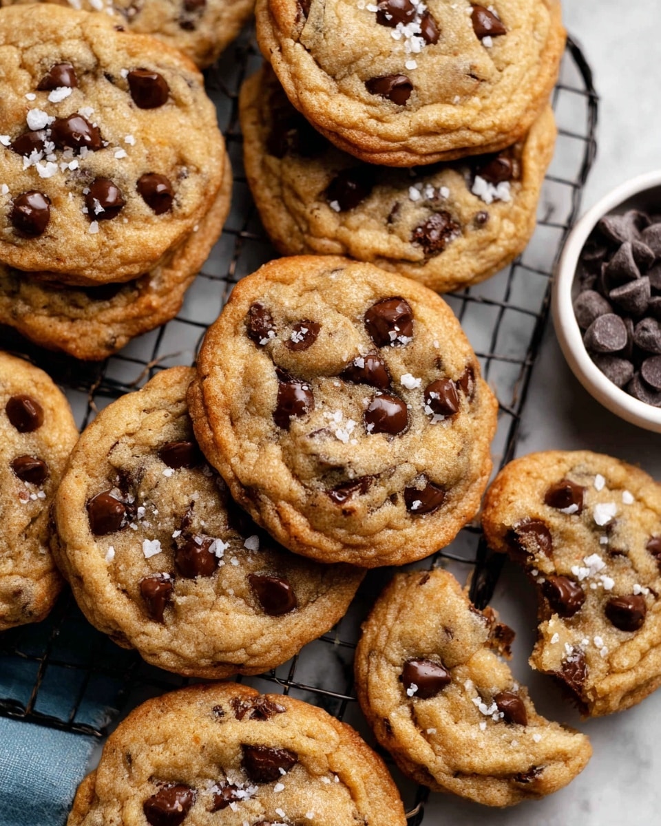 A close-up view of a group of chocolate chip cookies stacked and spread on a black metal cooling rack placed over a white marbled surface. The cookies are light golden brown with a soft, slightly bumpy texture, filled with dark brown chocolate chips scattered all over their tops. Some cookies have coarse white sea salt flakes sprinkled on top, and one cookie in the center has a bite taken out, showing a moist inside with melted chocolate spots. In the top right corner, a small white bowl holds extra chocolate chips. photo taken with an iphone --ar 4:5 --v 7