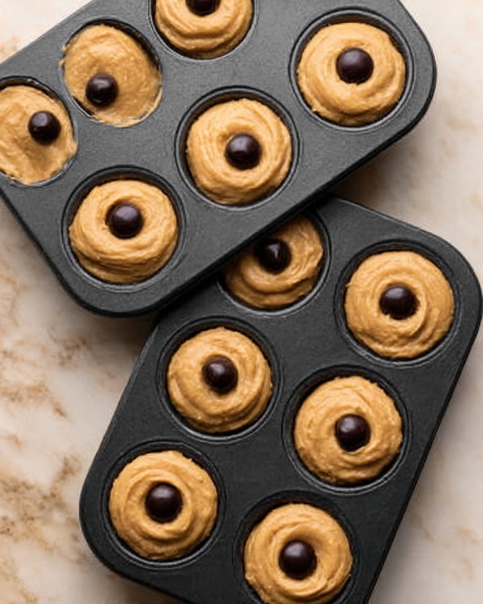 The image shows two black muffin pans placed on a white marbled surface. Each pan holds six dough rounds filled with smooth, creamy peanut butter-colored batter. In the center of each dough round, there is a small, shiny dark brown chocolate drop sitting neatly. The dough batter is soft and slightly thick, with a smooth top surface encasing the chocolate drop. The pans are arranged close together, with the top pan tilted slightly above the bottom pan. Photo taken with an iphone --ar 4:5 --v 7