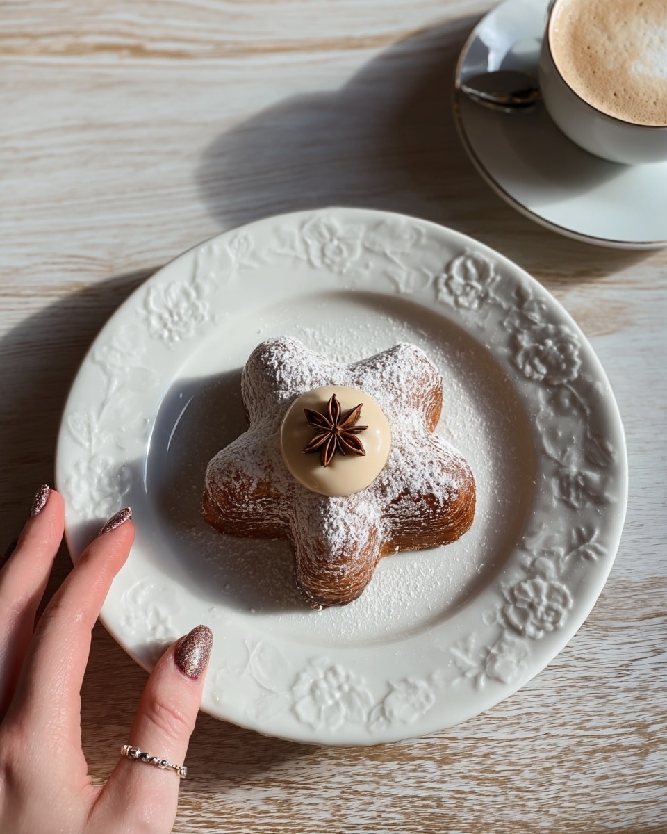 A single star-shaped pastry covered in a light layer of sugar sits in the center of a white plate with embossed floral patterns around the rim. On top of the pastry, there is a small dollop of creamy beige sauce and a brown star anise decoration. A woman's hand with painted nails gently holds the plate's edge from the bottom left. In the top right corner, part of a white cup and matching saucer with a spoon and light foamy coffee are visible. The whole scene is set against a white marbled surface that mimics a wooden texture. photo taken with an iphone --ar 4:5 --v 7