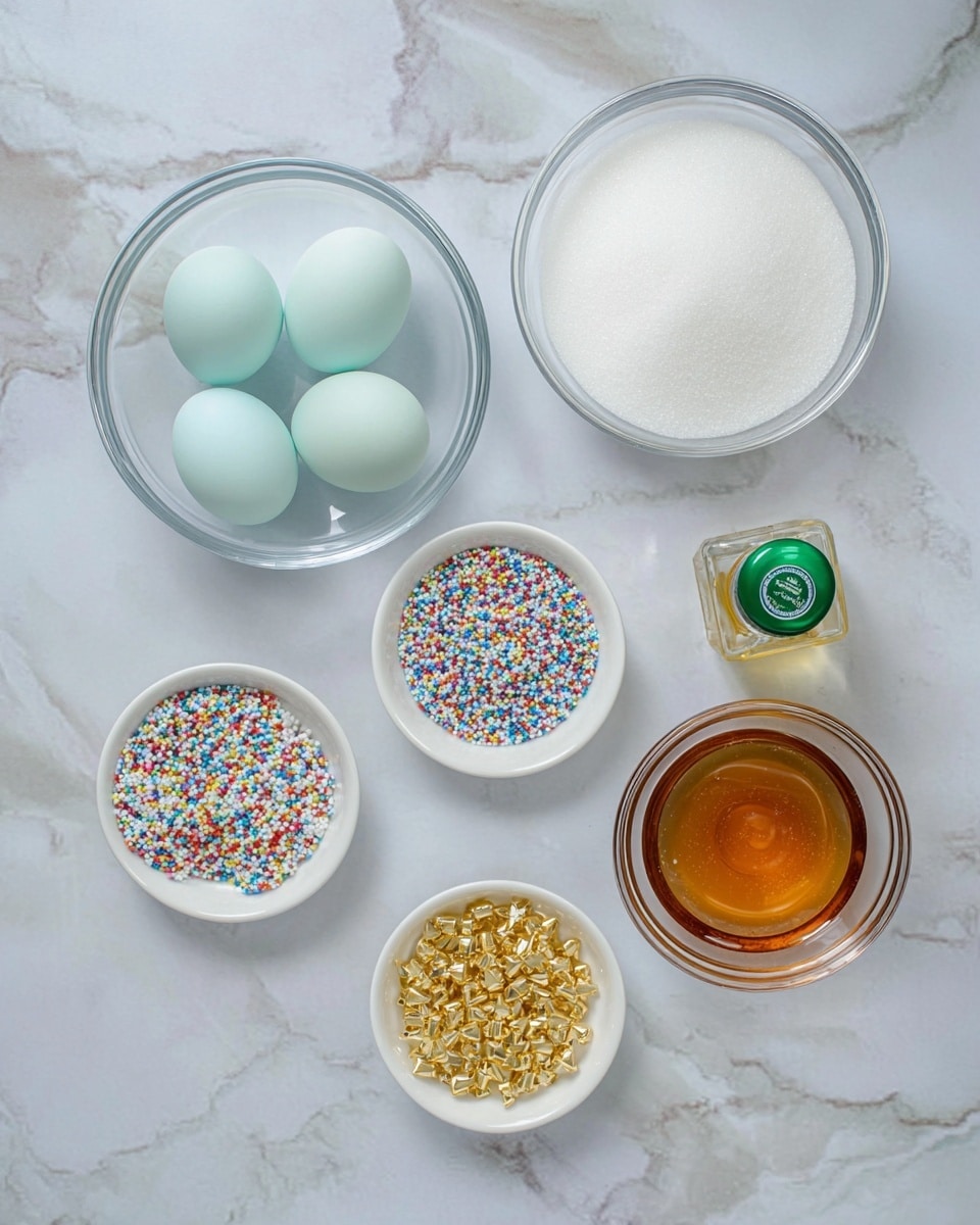 The image shows six small white dishes and two clear glass bowls arranged on a white marbled surface. One clear bowl holds four light blue eggs with smooth shells. Another clear bowl contains white granulated sugar. Among the white dishes, one holds a small amount of white powder, another is filled with tiny colorful round sprinkles, a third contains small gold star-shaped sprinkles, and the last has amber-colored honey or syrup. Additionally, a small clear bottle with a green cap is placed near the dishes. All items are evenly spaced and brightly lit. photo taken with an iphone --ar 4:5 --v 7