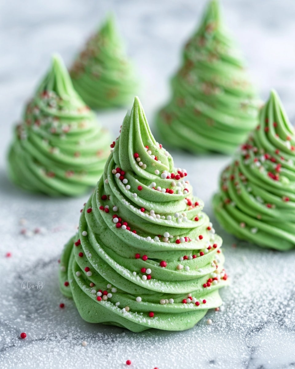 The image shows several green swirled mounds of soft cream or frosting shaped like small Christmas trees, with smooth, curved ridges spiraling upward. Each tree has tiny round red and white sprinkles spread all over the surface, adding spots of bright color to the green. These green trees are set on a white marbled background, and a light dusting of white powder that looks like fine sugar or snow covers the surface around them. The front tree is in clear focus while the others blur softly in the background, creating depth. photo taken with an iphone --ar 4:5 --v 7