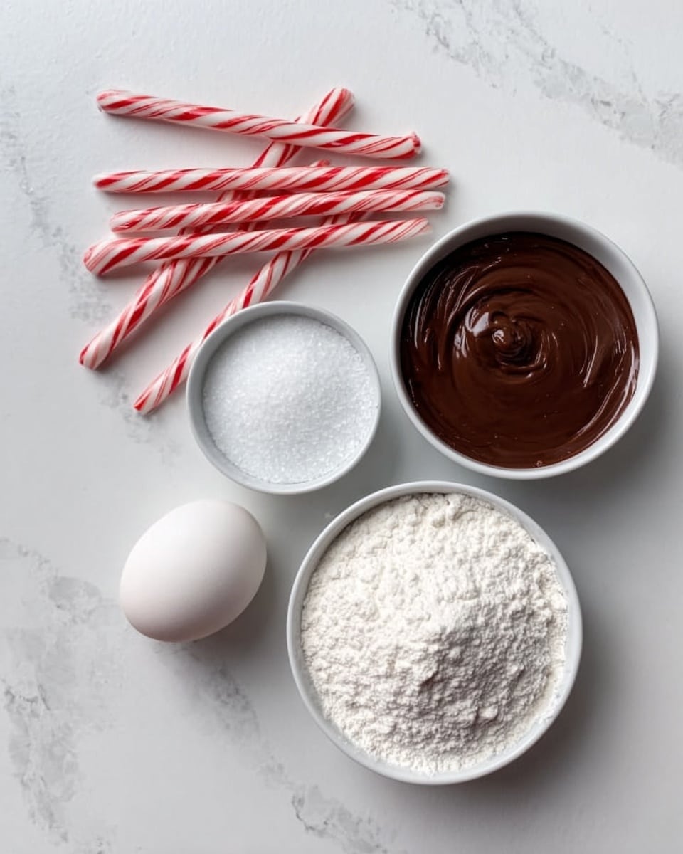 The image shows a white marbled surface with six ingredients placed neatly. From left to right: three red and white striped candy canes are stacked on top of each other, a small white bowl filled with white granulated sugar, a plain white egg, a small white bowl filled with smooth dark brown chocolate spread, and a larger white bowl full of white flour. The items are spread apart evenly, creating a clean and simple layout. Photo taken with an iphone --ar 4:5 --v 7