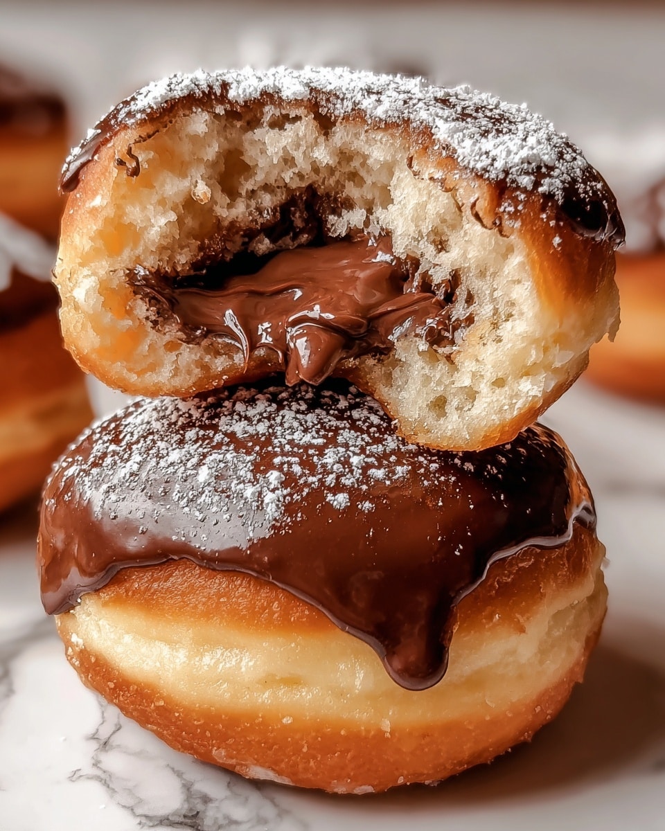 The image shows two round doughnuts stacked on a white marbled surface. The bottom doughnut is fully covered with a smooth, shiny chocolate glaze that drips slightly over the edges and topped with a light dusting of powdered sugar. On top, there is a second doughnut with a bite taken out, revealing a soft, fluffy pale interior with a thick, rich, dark chocolate filling inside. The filling is glossy and creamy, oozing slightly from the bitten part. The background is softly blurred, keeping the focus on the doughnuts. photo taken with an iphone --ar 4:5 --v 7