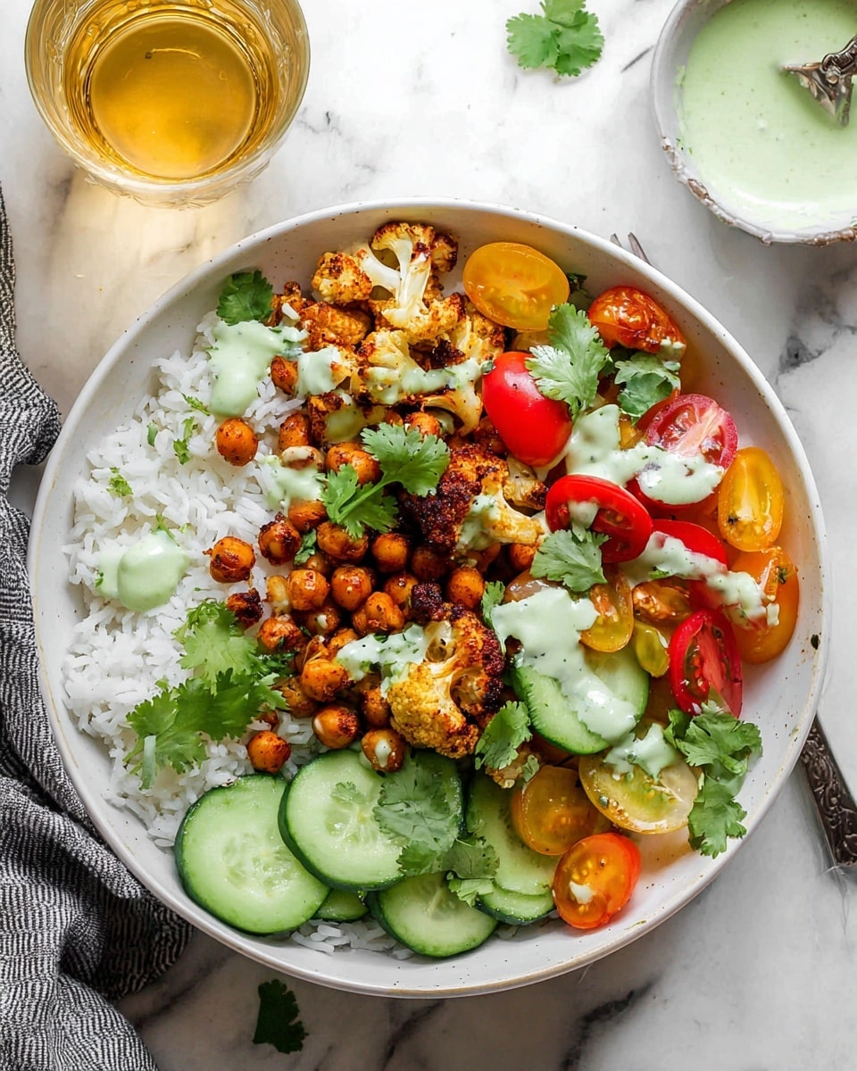 A round white bowl holds a layered dish starting with a bed of white rice on the left side, topped with a mix of golden-brown roasted chickpeas and browned cauliflower florets spread across the middle. Bright green sliced cucumber and halved red and yellow cherry tomatoes are scattered mainly on the right side, all drizzled with a light green creamy sauce. Fresh cilantro leaves are placed sporadically on top, adding a bright green touch. The bowl sits on a white marbled surface next to a glass of golden liquid and a small bowl of green sauce. photo taken with an iphone --ar 4:5 --v 7
