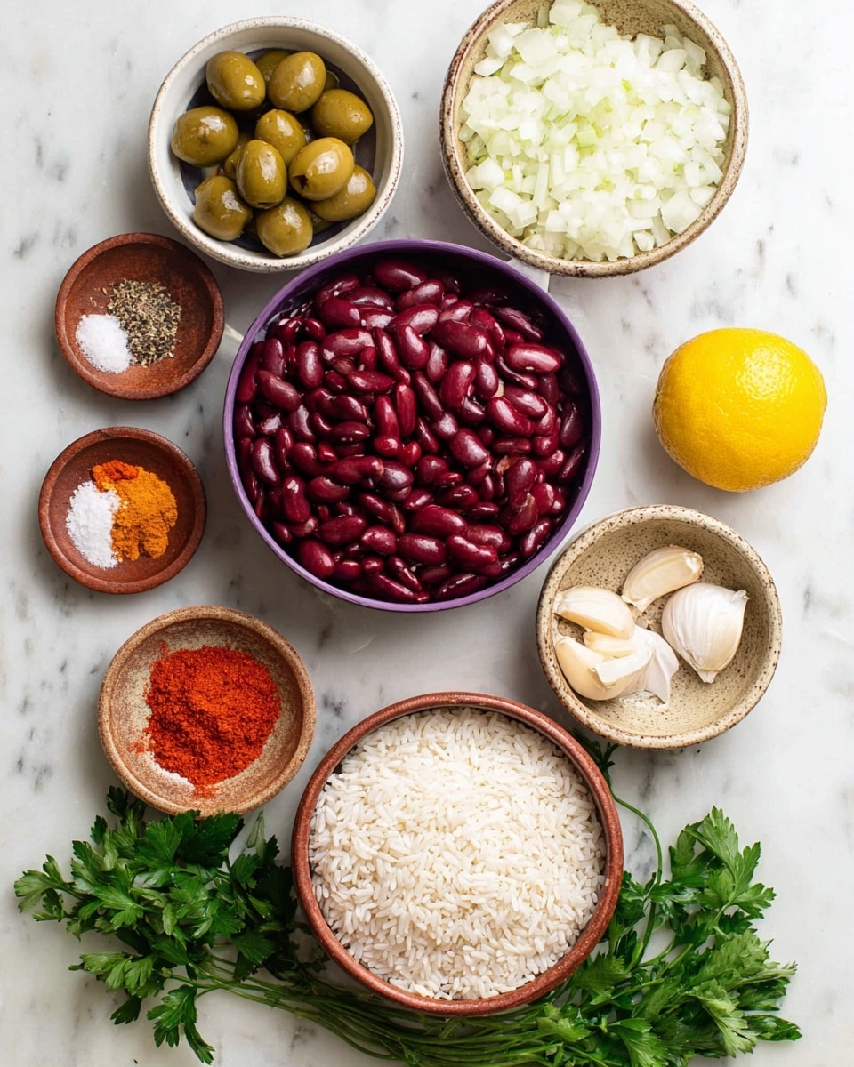 The image shows an overhead view of several small bowls placed on a white marbled surface, each filled with different raw ingredients. At the center is a purple pot filled with dark red kidney beans. Above it, a small white bowl holds green olives. To the right is a beige bowl with finely chopped white onions, and behind it lies a lemon half. Below the purple pot, a brown bowl is filled with uncooked white rice. On the left side, a small brown bowl contains chopped garlic, and above it, another brown bowl holds four different spices with varied colors of red, orange, and light brown. At the bottom left, some fresh green parsley lies on the marble. photo taken with an iphone --ar 4:5 --v 7
