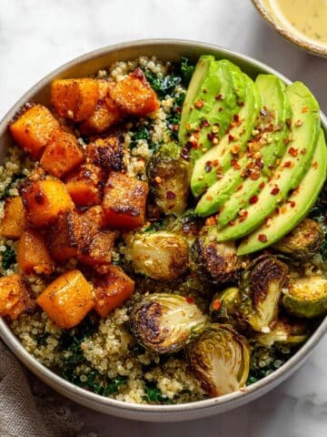 Quinoa and Veggie Power Bowls with Maple Chipotle Brussels and Smoky Butternut Squash Recipe
