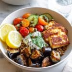 Mediterranean Eggplant and Halloumi Bowls with Lemon-Dill Sauce Recipe