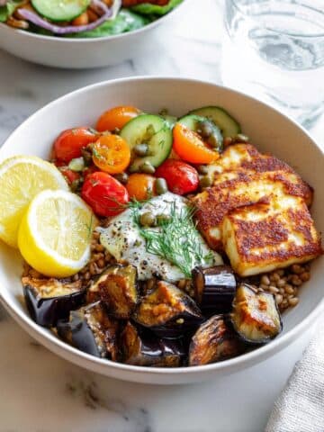 Mediterranean Eggplant and Halloumi Bowls with Lemon-Dill Sauce Recipe