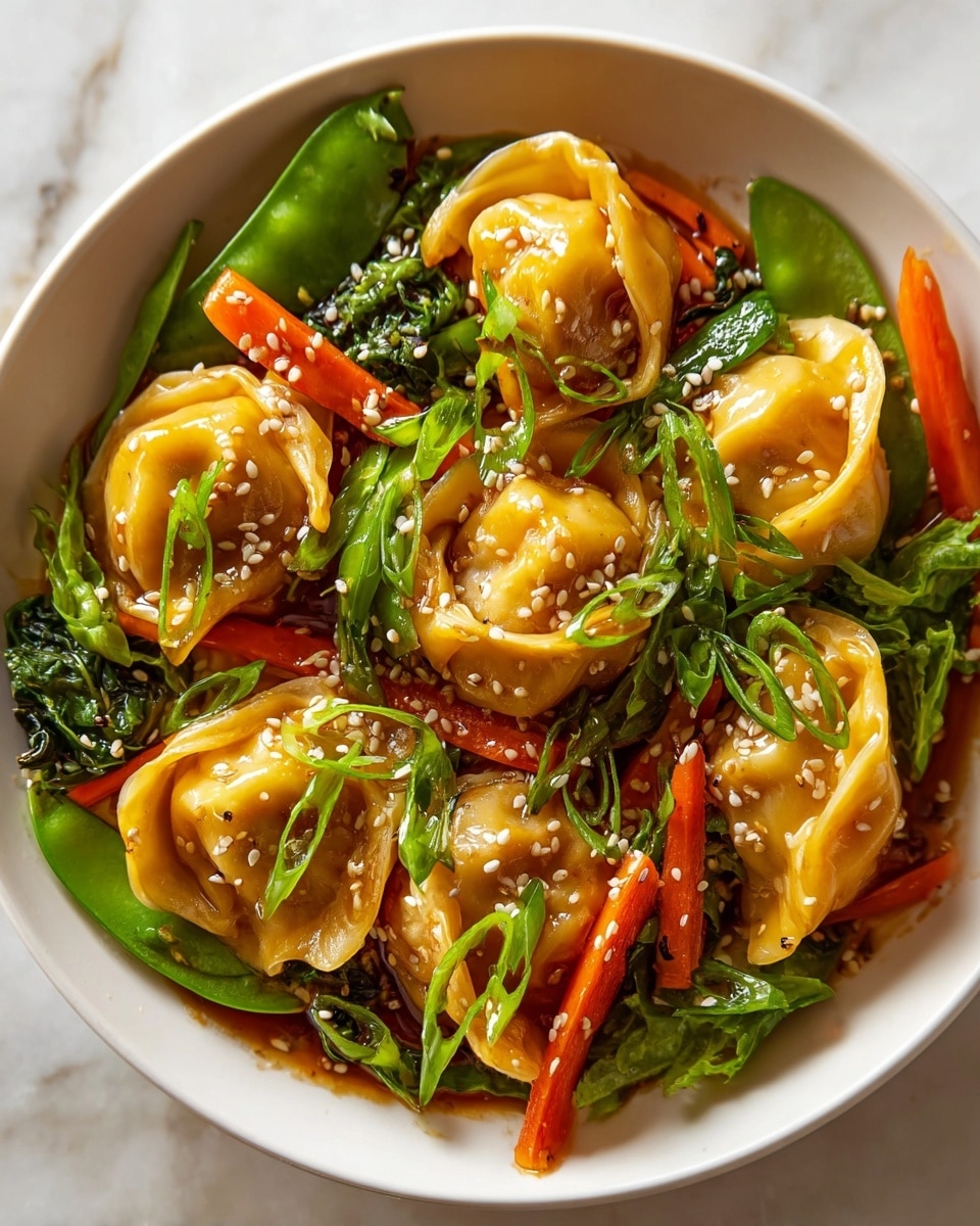 A white bowl filled with a colorful dish showing five large, shiny, rounded dumplings with a golden yellow skin filling most of the bowl. Around and between the dumplings are bright orange carrot strips, vibrant green snap peas, and fresh dark green leafy vegetables. On top of everything are small white sesame seeds sprinkled evenly and thinly sliced green onions adding a fresh green color and texture. The dish looks glossy with a light sauce coating all ingredients and has a slight shine from the light. The background is a white marbled surface. photo taken with an iphone --ar 4:5 --v 7