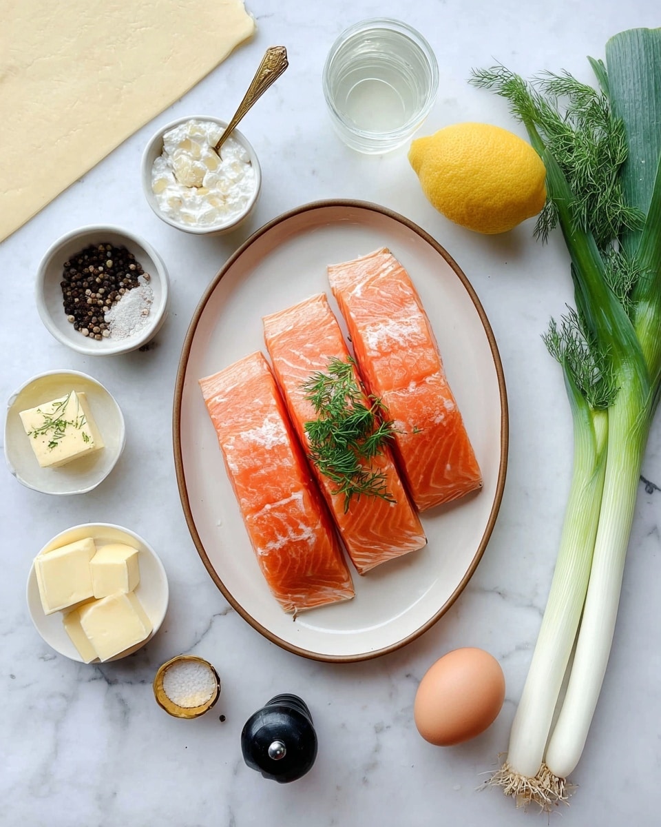 The image shows three raw salmon fillets placed side by side on an oval white plate with a light brown rim, garnished with fresh green dill on top. Surrounding the plate on a white marbled surface are several ingredients: a whole lemon, a whole shallot, a small glass of clear liquid, a long white leek on the right edge, a brown egg in a small white bowl, a small white dish with peppercorns, a white bowl filled with a white creamy ingredient, a small white bowl with a square piece of butter, a gold measuring spoon containing a yellow paste, a black pepper grinder on the left, and a rectangular sheet of pale dough or pastry positioned at the bottom left. Photo taken with an iphone --ar 4:5 --v 7