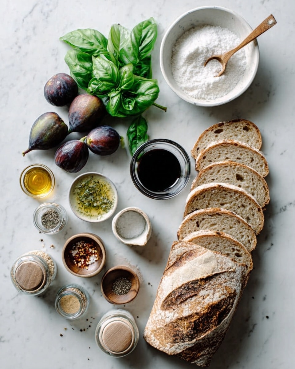 The image shows a flat white marbled surface with various ingredients neatly placed. On the lower right, there is a stack of several slices of light brown rustic bread arranged in a slightly overlapping line. Above the bread is a small glass cup with dark liquid, likely syrup or balsamic, sitting to the right side. Just above that sits a green bunch of basil leaves with a fresh, textured look. To the left of the basil, several whole figs with deep purplish skin and smooth texture are spread out. Near the top right, a white bowl holds sugar with a small wooden spoon resting inside. Around it are small bowls and jars of various spices and condiments, including salt and pepper shakers in clear and wooden containers. A woman's hand is not present but the composition appears arranged carefully. The entire scene is bright with soft natural light, creating gentle shadows and highlighting the textures and colors of the food photo taken with an iphone --ar 4:5 --v 7