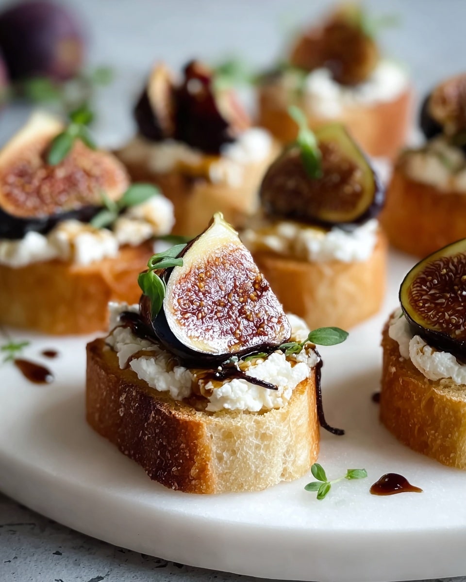 The image shows small appetizer pieces arranged on a round white plate with a white marbled texture surface. Each appetizer has three layers: the bottom layer is a thick slice of toasted bread with a golden-brown crust and soft interior, the middle layer is a dollop of creamy white cheese with a slightly fluffy texture, and the top layer is a wedge of dark purple fig with a shiny, moist look and visible seeds. The figs are garnished with small green herb leaves, and a few drops of dark syrup are drizzled around the bread slices, adding a glossy shine. The background is softly blurred, emphasizing the appetizers in the foreground. photo taken with an iphone --ar 4:5 --v 7